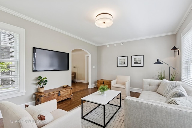 2539 Marcy Ave, Evanston, IL 60201 - living room with arched walkways, ornamental molding, and wood finished floors