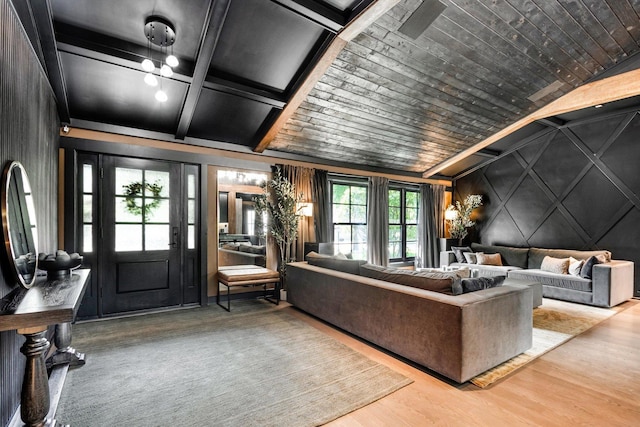 400 S Rose Ave, Park Ridge, IL 60068 - living room featuring a decorative wall, wood finished floors, and wood ceiling