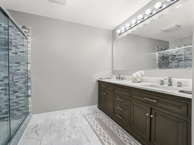 210 Woodford Rd, Oswego, IL 60543 - bathroom with double vanity, marble look tile flooring, and a shower stall