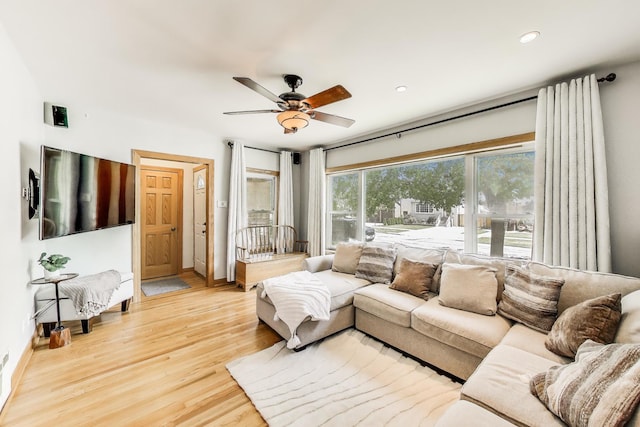 5836 N Oconto Ave, Chicago, IL 60631 - living room featuring a ceiling fan, light wood-style flooring, and recessed lighting