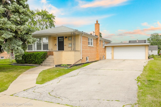 7939 Neva Ave, Burbank, IL 60459 - view of front of home featuring brick siding, a chimney, a front yard, and a garage
