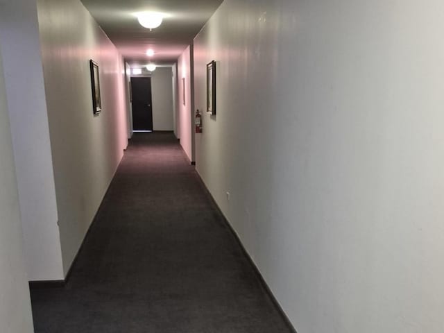 hall with dark carpet