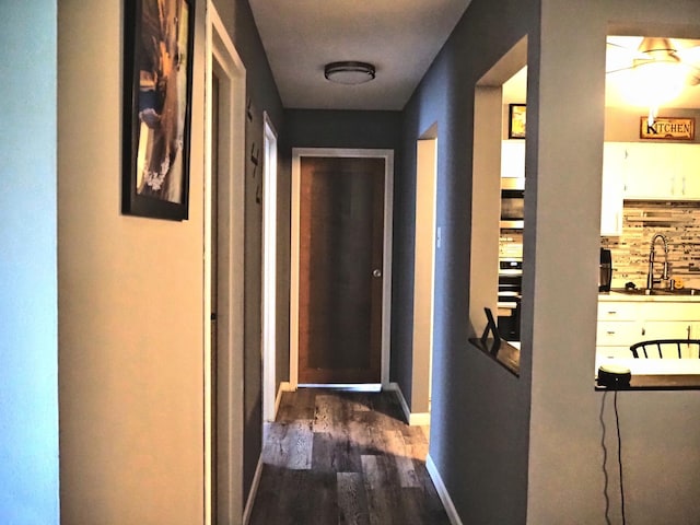 hall featuring a sink and dark wood-type flooring