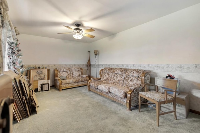 41W072 Bowes Rd, Elgin, IL 60124 - living room with carpet flooring, ceiling fan, and wainscoting