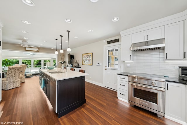316 S Reuter Dr, Arlington Heights, IL 60005 - kitchen with high end stainless steel range, under cabinet range hood, open floor plan, recessed lighting, and decorative backsplash