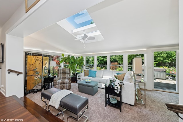 316 S Reuter Dr, Arlington Heights, IL 60005 - living room with a skylight, lofted ceiling, and a ceiling fan
