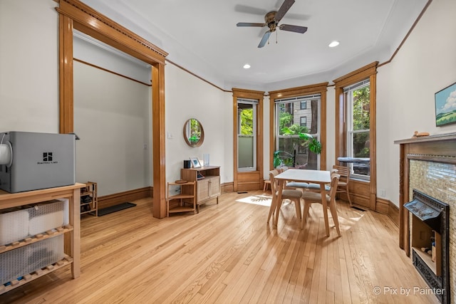 3516 N Reta Ave, Chicago, IL 60657 - office with light wood-style floors, ceiling fan, recessed lighting, a fireplace, and ornamental molding