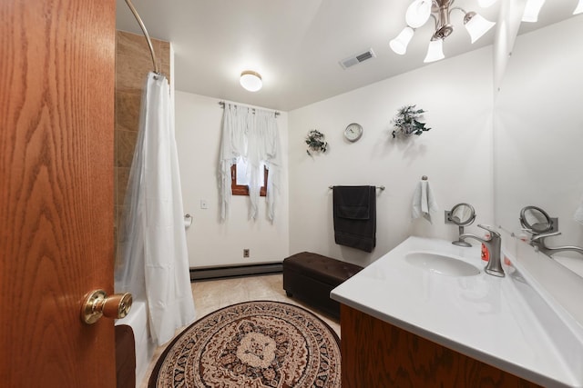 5955 E S Prairie Dr, Morris, IL 60450 - full bath featuring a baseboard heating unit, vanity, and shower / bath combination with curtain