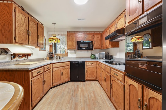 5955 E S Prairie Dr, Morris, IL 60450 - kitchen with black appliances, light wood-style flooring, brown cabinets, and under cabinet range hood