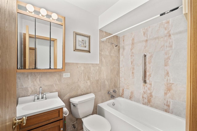 1207 W Busse Ave, Mount Prospect, IL 60056 - bathroom featuring vanity, shower / bathtub combination, tasteful backsplash, and tile walls
