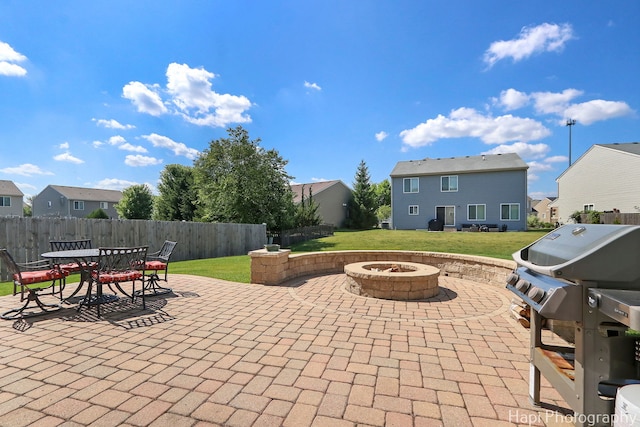 218 Minuet Cir, Volo, IL 60073 - view of patio featuring a fire pit, a residential view, grilling area, and outdoor dining space