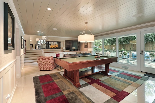 100 Beach Rd, Glencoe, IL 60022 - recreation room with pool table, recessed lighting, wood ceiling, wainscoting, and ornamental molding