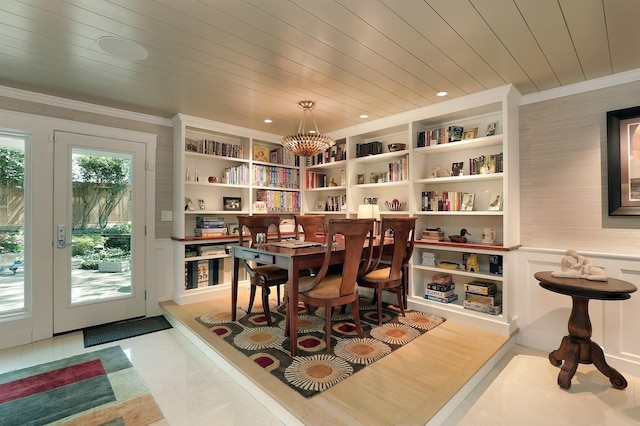 100 Beach Rd, Glencoe, IL 60022 - dining space with ornamental molding, a chandelier, built in shelves, wooden ceiling, and recessed lighting