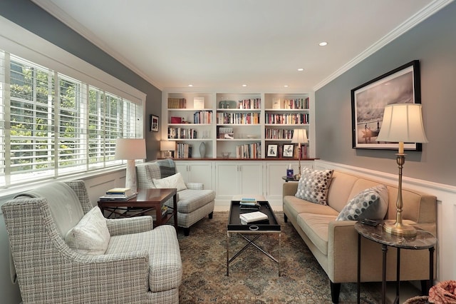 100 Beach Rd, Glencoe, IL 60022 - living room featuring ornamental molding, built in features, and recessed lighting
