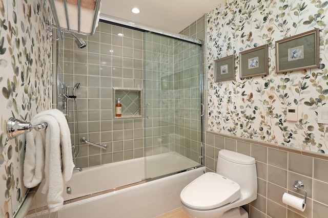 100 Beach Rd, Glencoe, IL 60022 - bathroom with shower / bath combination with glass door, tile walls, wallpapered walls, and recessed lighting