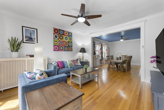 317 N Marion St, Oak Park, IL 60302 - living room with ceiling fan, crown molding, and light wood finished floors