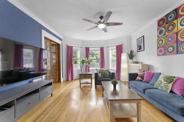 317 N Marion St, Oak Park, IL 60302 - living area with ceiling fan, light wood finished floors, and crown molding