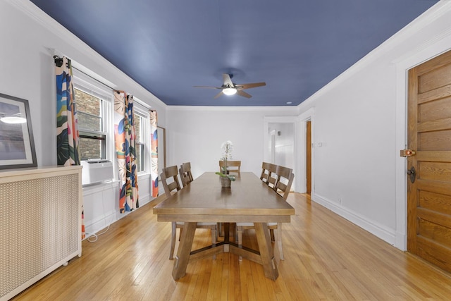 317 N Marion St, Oak Park, IL 60302 - dining space with radiator heating unit, light wood-type flooring, a ceiling fan, ornamental molding, and cooling unit