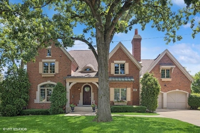3967 Garden Ave, Western Springs, IL 60558 - view of front facade featuring concrete driveway, a chimney, brick siding, and a front lawn
