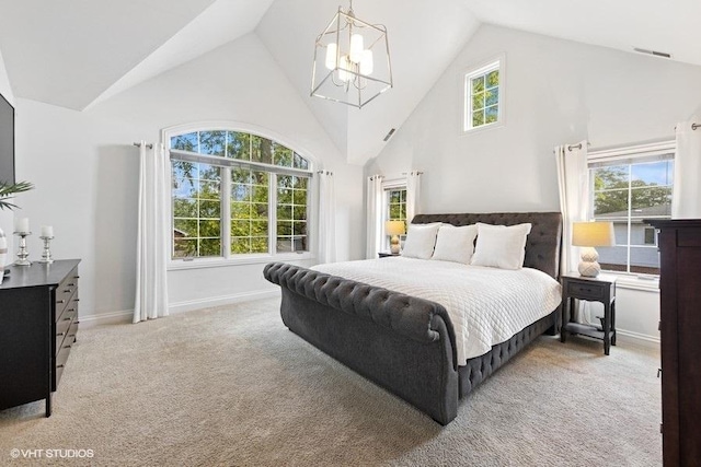 3967 Garden Ave, Western Springs, IL 60558 - bedroom with a chandelier, light colored carpet, and high vaulted ceiling