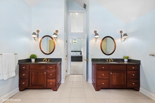 3967 Garden Ave, Western Springs, IL 60558 - ensuite bathroom with two vanities, high vaulted ceiling, and tile patterned floors