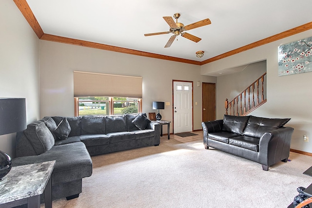 831 Horseshoe Dr Unit B, Joliet, IL 60435 - living area featuring crown molding, light colored carpet, a ceiling fan, and stairs