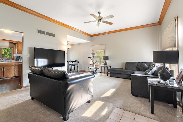 831 Horseshoe Dr Unit B, Joliet, IL 60435 - living area featuring light carpet, crown molding, and ceiling fan