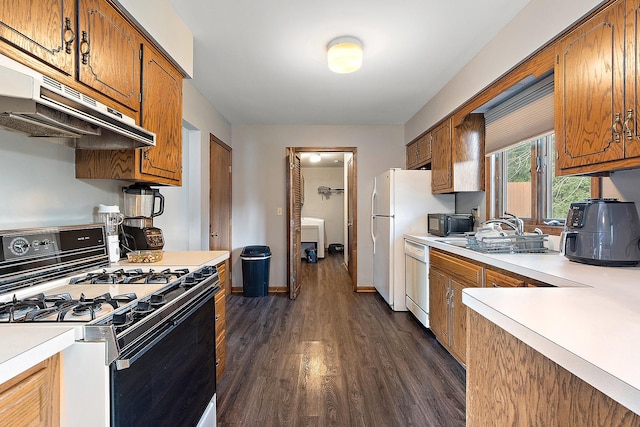 831 Horseshoe Dr Unit B, Joliet, IL 60435 - kitchen with gas range, white dishwasher, light countertops, dark wood-type flooring, and brown cabinetry