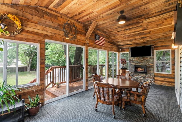 3850 Seaview Dr, Hanover Park, IL 60133 - sunroom / solarium with vaulted ceiling, a fireplace, wooden walls, wood ceiling, and carpet flooring