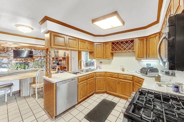 324 E 173rd Pl, South Holland, IL 60473 - kitchen with stainless steel dishwasher, stove, light countertops, a peninsula, and crown molding