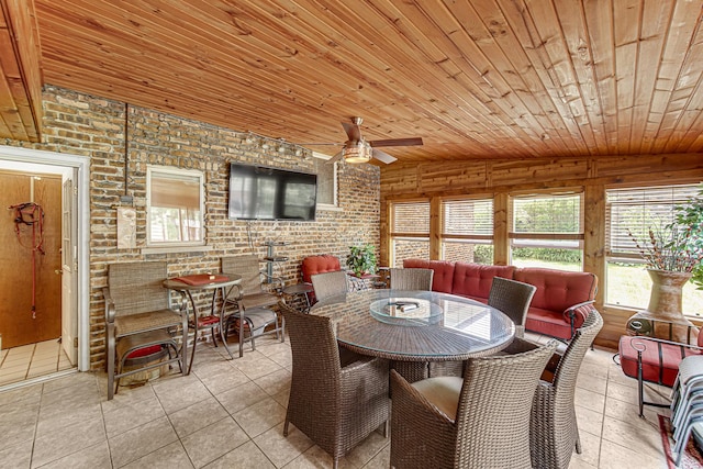 324 E 173rd Pl, South Holland, IL 60473 - dining room with wooden ceiling, a ceiling fan, tile patterned flooring, lofted ceiling, and brick wall