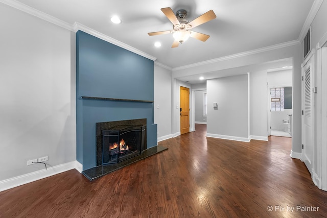 5323 S Harper Ave S Unit 1, Chicago, IL 60615 - unfurnished living room with a lit fireplace, ceiling fan, dark wood-type flooring, recessed lighting, and ornamental molding