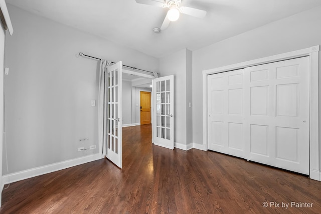 5323 S Harper Ave S Unit 1, Chicago, IL 60615 - unfurnished bedroom featuring french doors, dark wood-style flooring, a closet, and ceiling fan