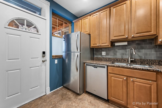 5323 S Harper Ave S Unit 1, Chicago, IL 60615 - kitchen featuring appliances with stainless steel finishes, tasteful backsplash, dark stone counters, and brown cabinets