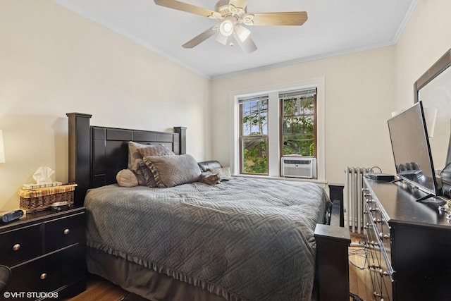 7639 Jackson Blvd Unit 1-W, Forest Park, IL 60130 - bedroom featuring radiator, wood finished floors, ornamental molding, cooling unit, and ceiling fan