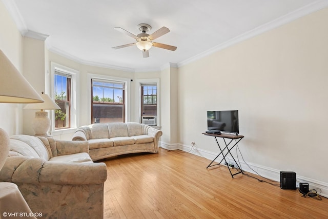 7639 Jackson Blvd Unit 1-W, Forest Park, IL 60130 - living room with ornamental molding, light wood-type flooring, ceiling fan, and cooling unit
