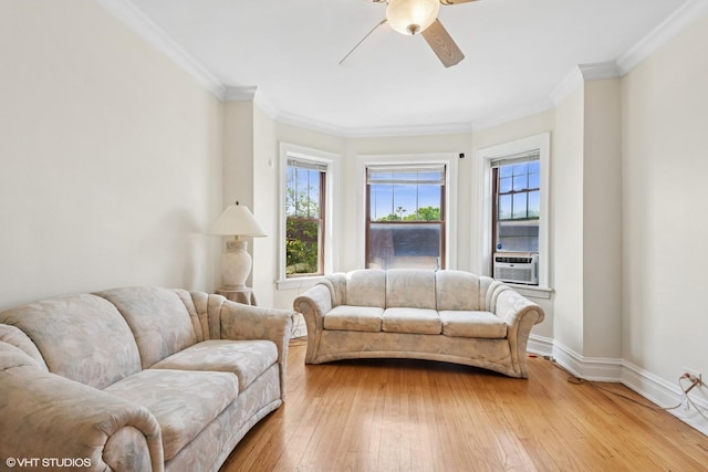7639 Jackson Blvd Unit 1-W, Forest Park, IL 60130 - living room featuring a ceiling fan, light wood-type flooring, cooling unit, and crown molding