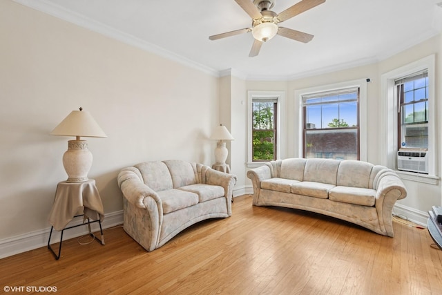 7639 Jackson Blvd Unit 1-W, Forest Park, IL 60130 - living area with light wood-type flooring, crown molding, a ceiling fan, and cooling unit