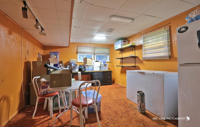 1247 Cavell Ave, Highland Park, IL 60035 - carpeted home office featuring wood walls, track lighting, and a paneled ceiling