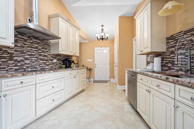7726 S Moody Ave, Burbank, IL 60459 - kitchen with wall chimney range hood, dishwasher, a chandelier, vaulted ceiling, and decorative backsplash
