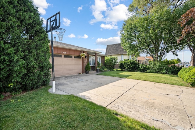 7726 S Moody Ave, Burbank, IL 60459 - view of front of home featuring driveway, an attached garage, a front lawn, brick siding, and board and batten siding