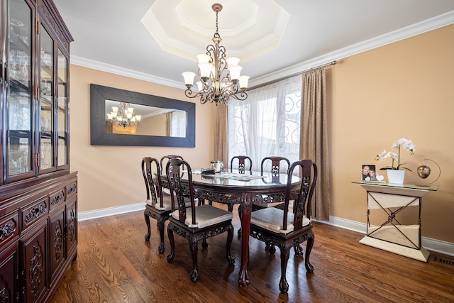 7726 S Moody Ave, Burbank, IL 60459 - dining area featuring a chandelier, dark wood-style floors, crown molding, and a raised ceiling
