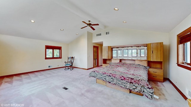 270 W Fremont Ave, Elmhurst, IL 60126 - bedroom with multiple windows, light carpet, recessed lighting, high vaulted ceiling, and a ceiling fan