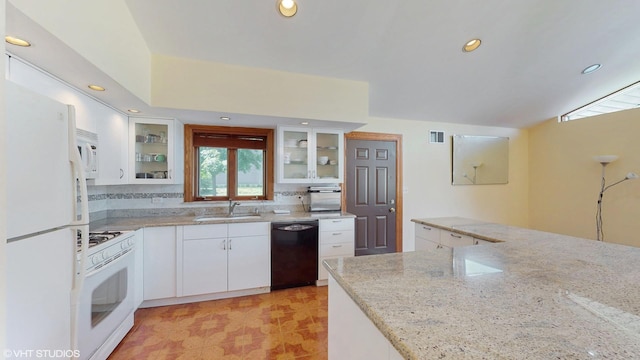 270 W Fremont Ave, Elmhurst, IL 60126 - kitchen featuring white appliances, white cabinetry, light stone countertops, glass insert cabinets, and recessed lighting