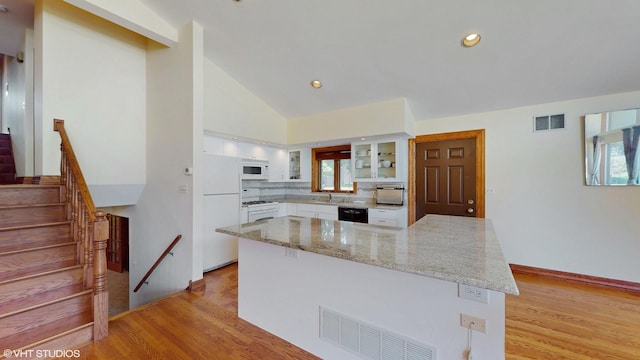270 W Fremont Ave, Elmhurst, IL 60126 - kitchen with white appliances, white cabinets, light wood finished floors, glass insert cabinets, and light stone counters