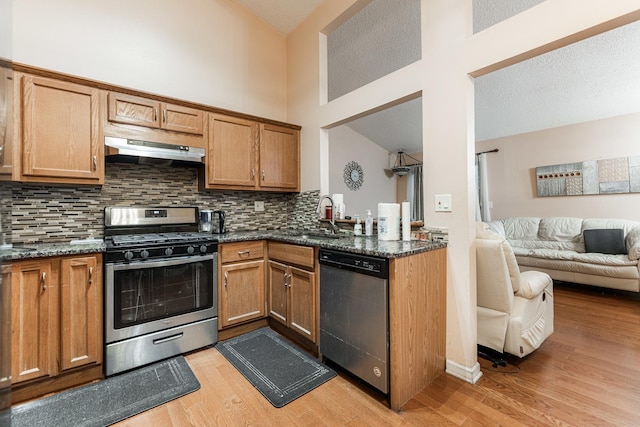 2322 Weatherford Ln, Naperville, IL 60565 - kitchen featuring appliances with stainless steel finishes, under cabinet range hood, open floor plan, light wood-style floors, and backsplash