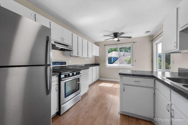 390 Thornhill Ct Unit D2, Schaumburg, IL 60193 - kitchen featuring stainless steel appliances, under cabinet range hood, dark countertops, ceiling fan, and light wood finished floors
