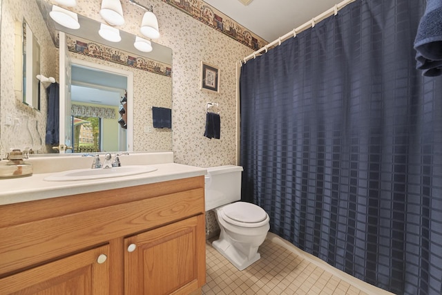 485 Raintree Ct Unit B, Glen Ellyn, IL 60137 - full bathroom with wallpapered walls, vanity, tile patterned flooring, and curtained shower