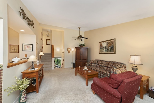 485 Raintree Ct Unit B, Glen Ellyn, IL 60137 - living room with carpet flooring, stairs, and a ceiling fan