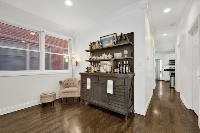 1428 W Lexington St Unit 1, Chicago, IL 60607 - bar with stainless steel microwave, crown molding, dark wood-style flooring, and recessed lighting